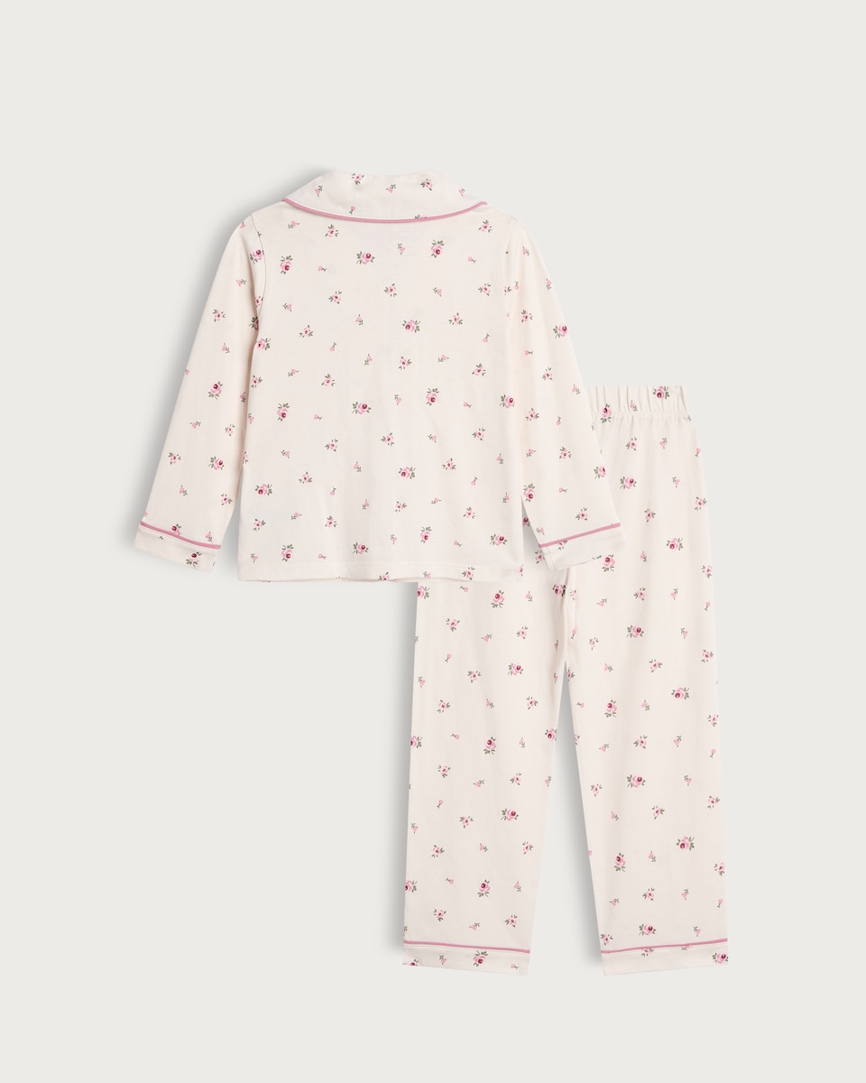 image 1 of F&F Girls Pure Cotton Floral Print Revere Pyjama Set in Cream