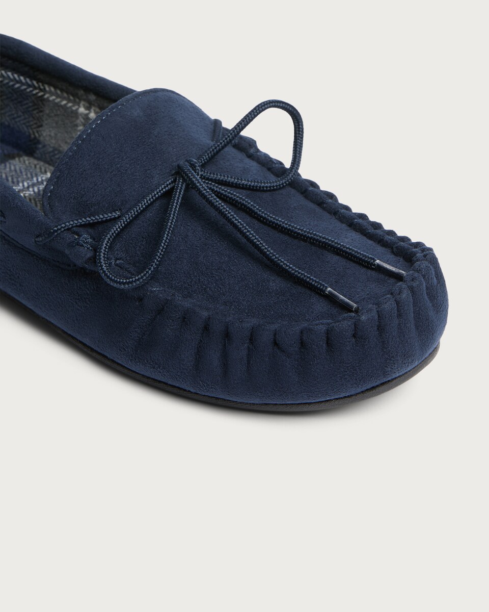 image 1 of F&F Bow Detail Moccasin Slippers in Navy