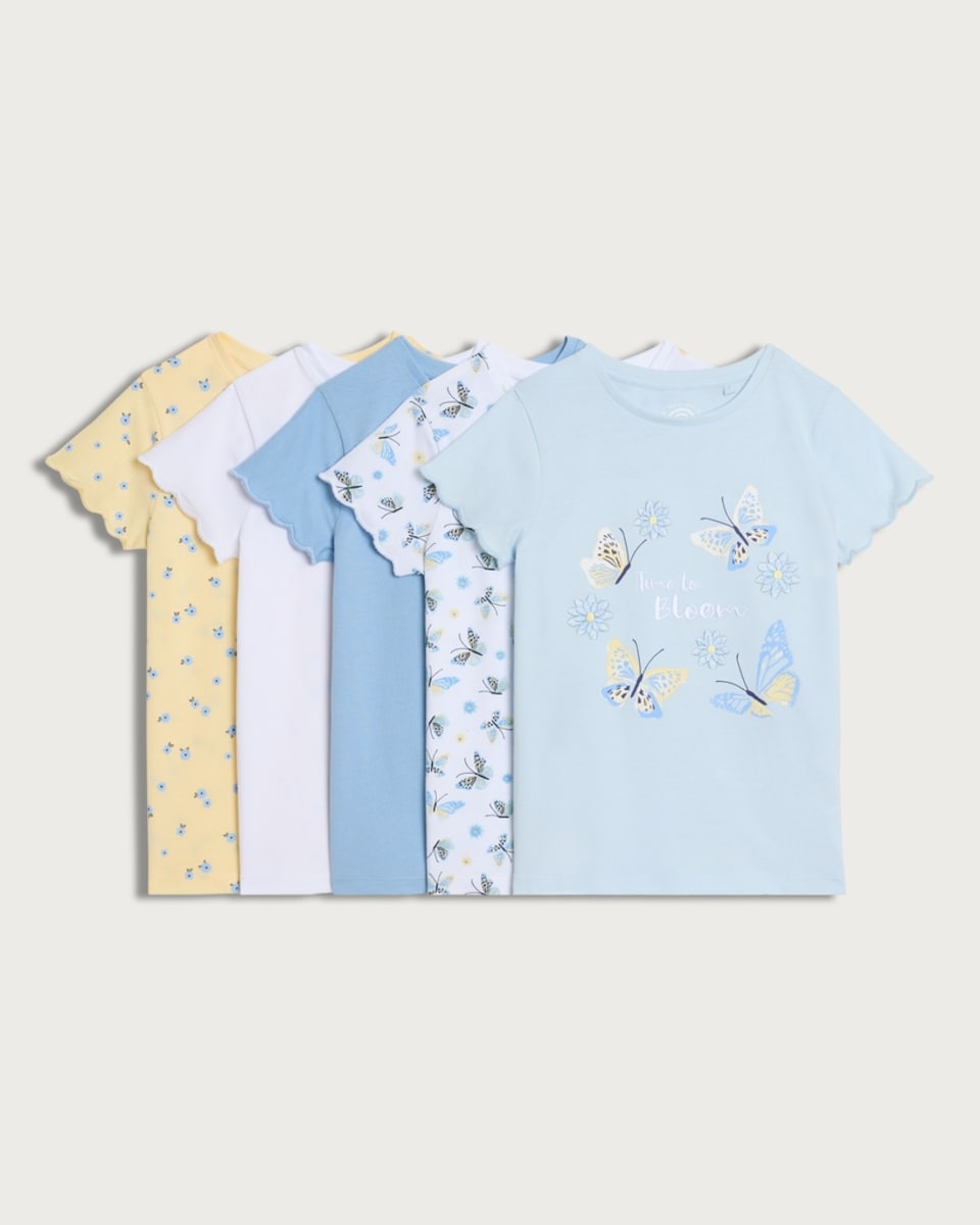 image 1 of F&F Girls 5-Pack Pure Cotton Butterfly Print T-Shirts in Multi Blue