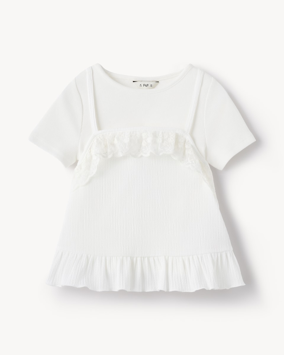 image 1 of F&F Girls Short Sleeved Lace Trim Top in White