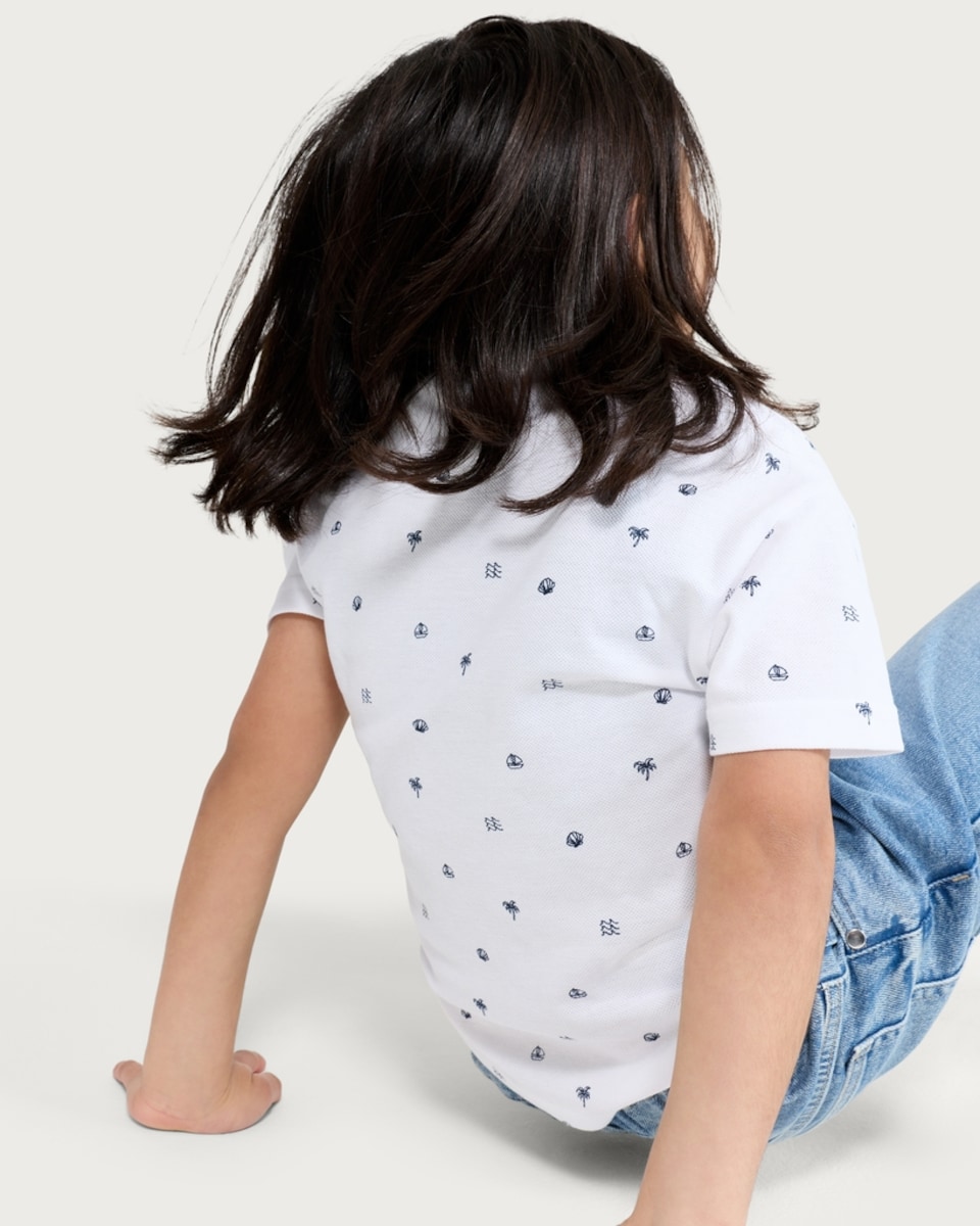 image 1 of F&F Boys Pure Cotton Seaside Print Polo Shirt in White