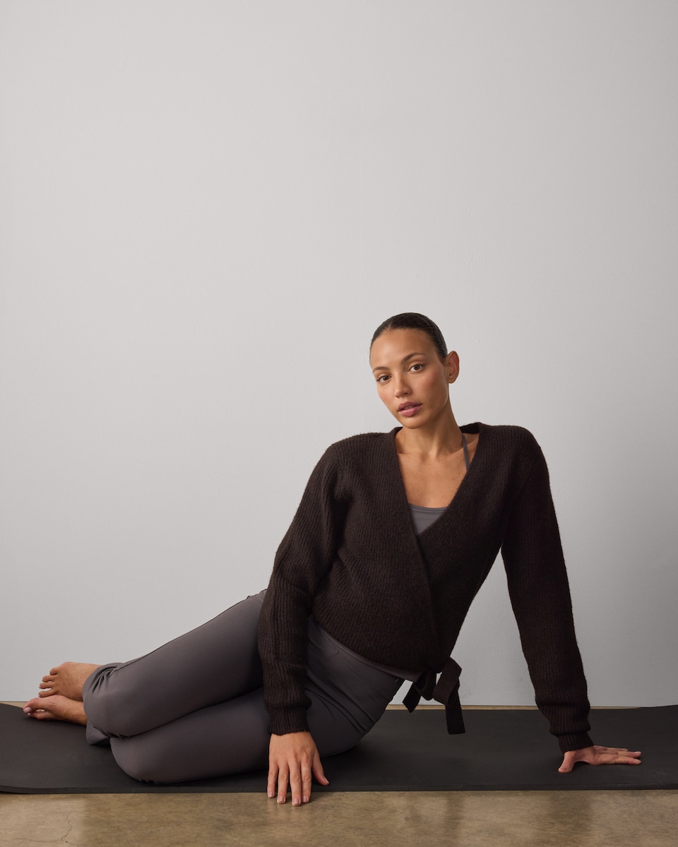 image 1 of F&F Active ULTRASTRETCH Knitted Wrap Long Sleeved Cardigan in Chocolate