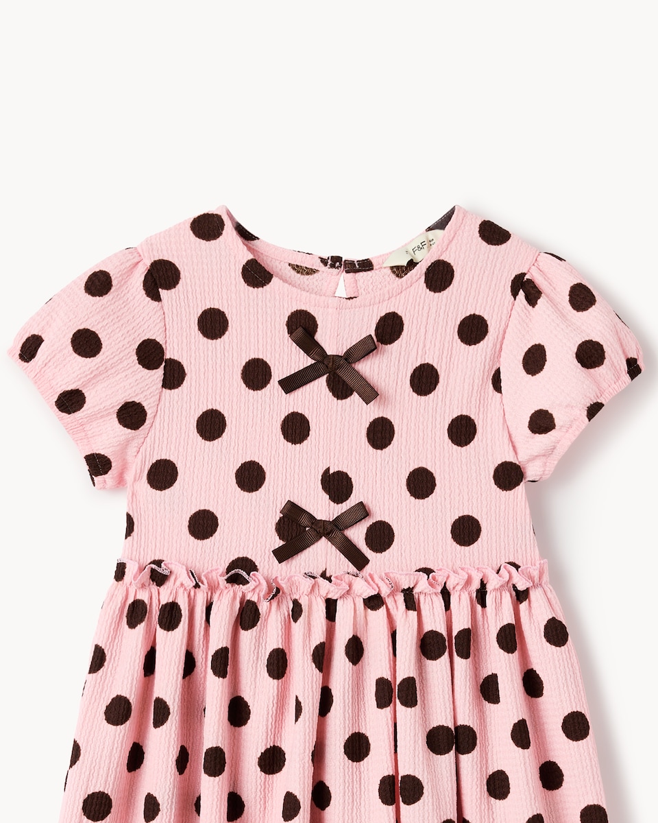 image 1 of F&F Girls Textured Polka Dot Bow Dress in Pink