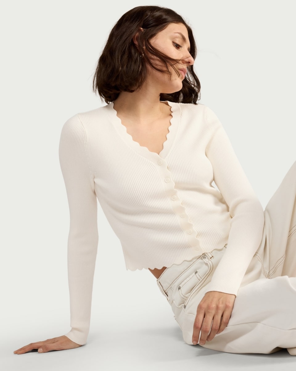 image 1 of F&F Ribbed Scalloped Edge Button Up Cardigan in White