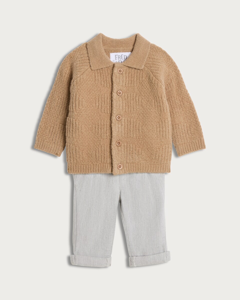image 1 of F&F Baby 2-Piece Textured Knit Cardigan and Trousers Set in Beige