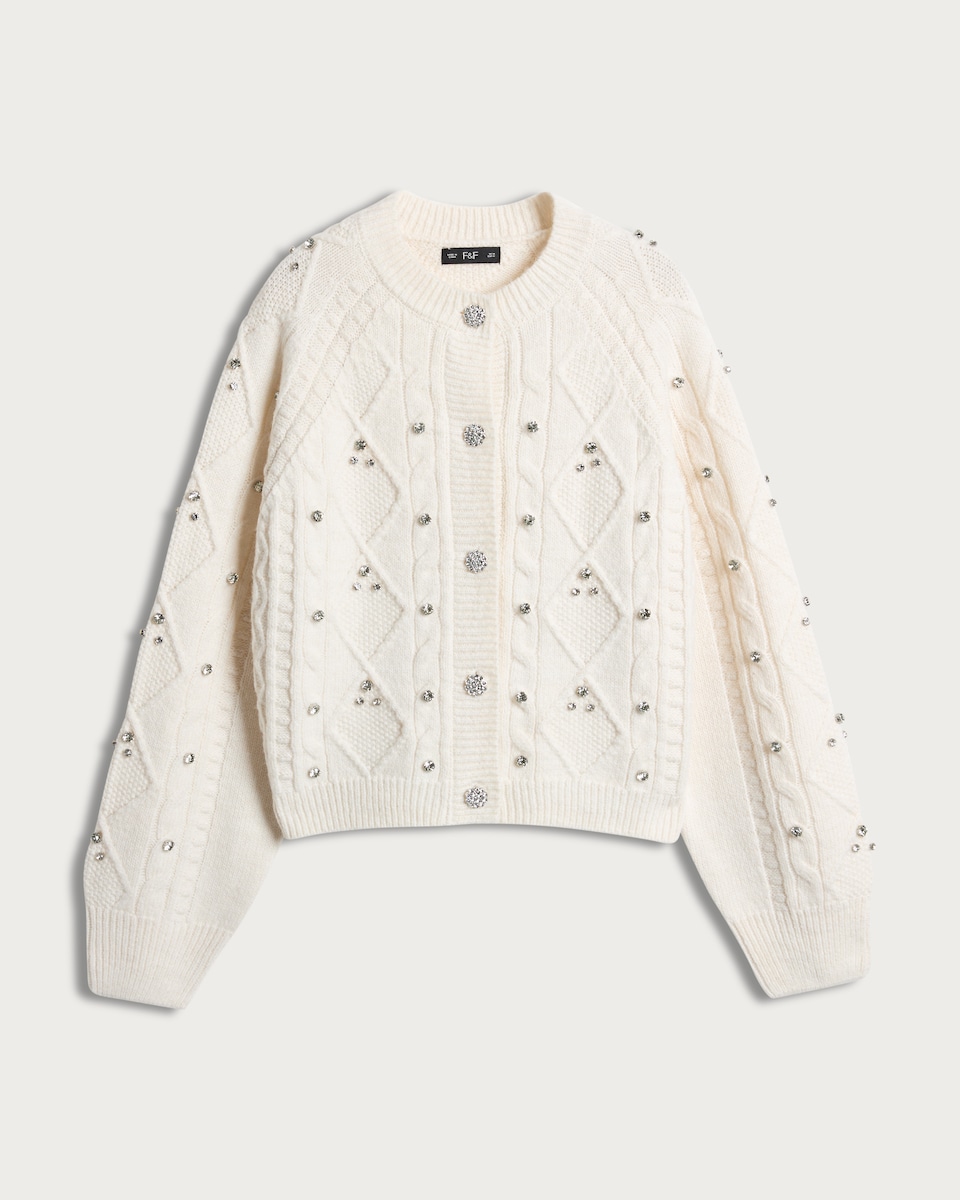 image 1 of F&F Cable Knit Diamanté Embellished Cardigan in Cream