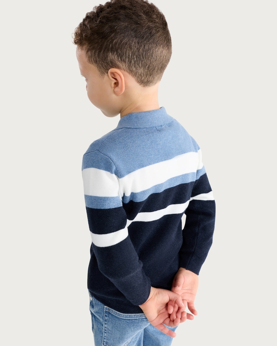 image 1 of F&F Boys Cotton Rich Colour Block Half Zip Polo Top in Navy