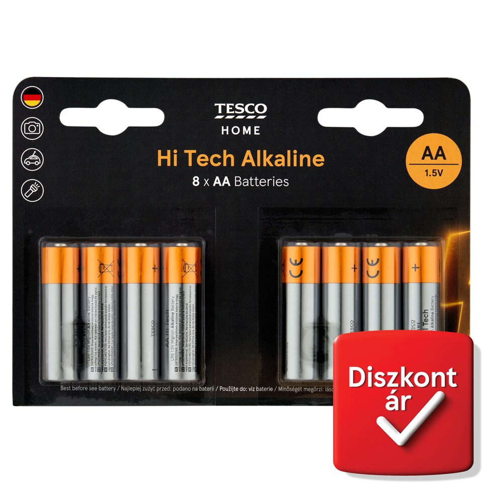 Tesco Home Hi Tech AA LR6 1,5 V nagy teljesítményű alkáli elem 8 db