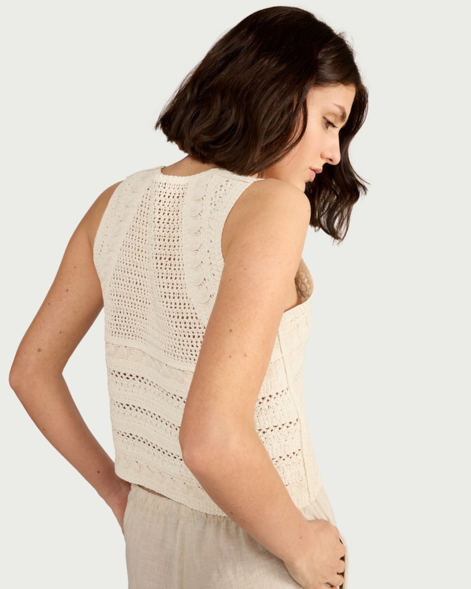 image 1 of F&F Pure Cotton Embroidered Knitted Button Up Top in Cream