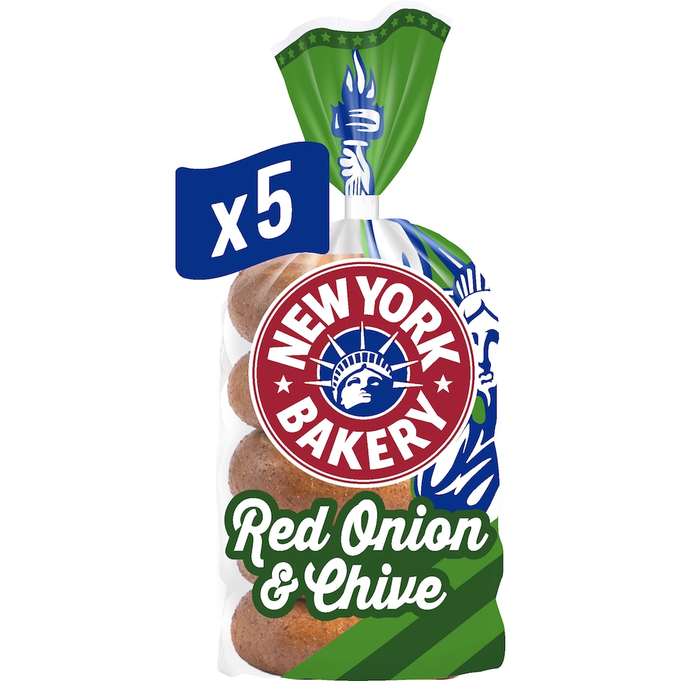 image 1 of New York Bakery Co Red Onion & Chive Bagels 5 Pack