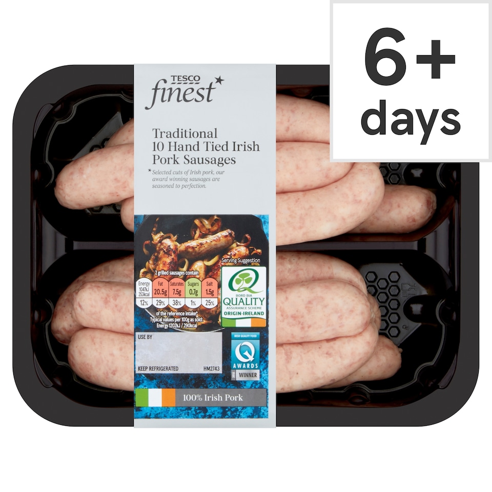 Tesco Finest* 10 Hand Tied Irish Pork Sausages 454G
