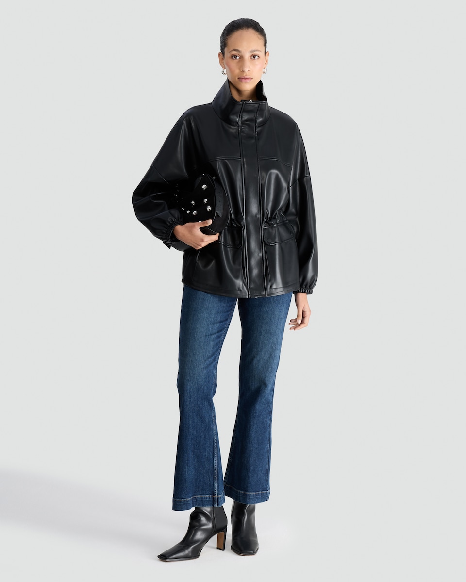 image 1 of F&F Faux Leather High Neck Cinched Waist Jacket in Black