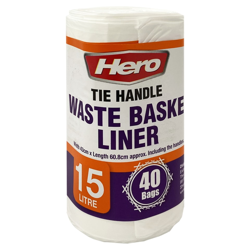 Hero Tie Handle Waste Basket Liner 15 Litre 40 Bags
