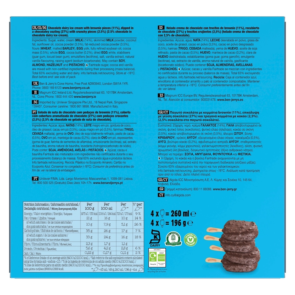 image 1 of Ben & Jerry's Chocolate Fudge Brownie Ice Cream Sticks 4x65ml