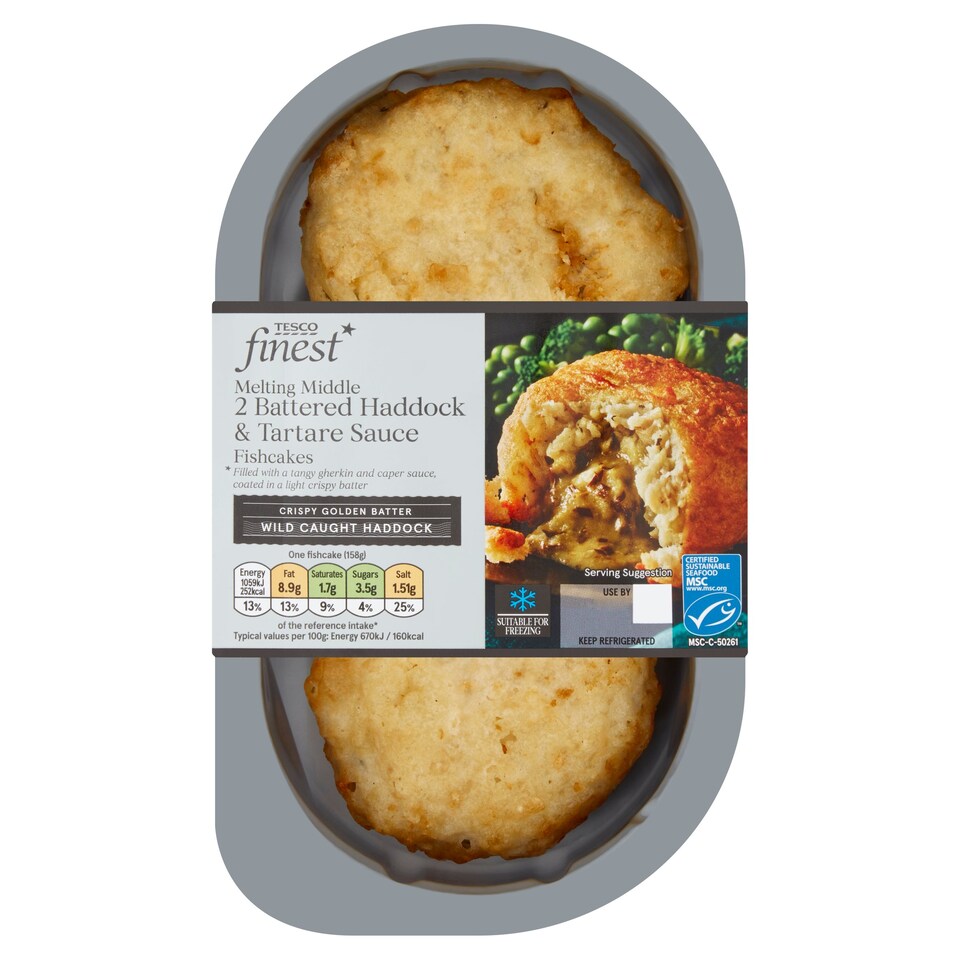 Tesco Finest 2 Battered Haddock & Tartare Sauce F/Cakes 315G Tesco