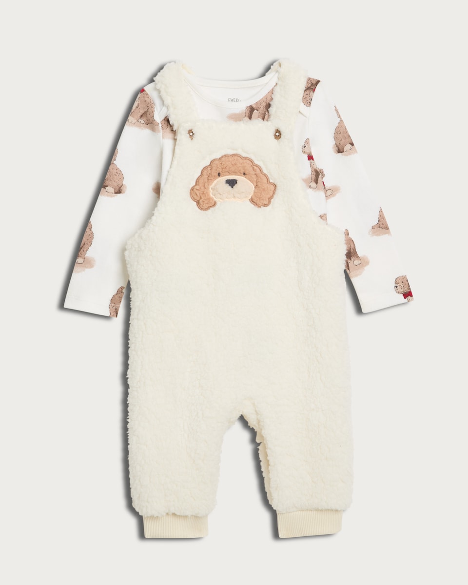image 1 of F&F Curtis The Dog Baby 2-Piece Fleece Dungarees and Bodysuit Set in White