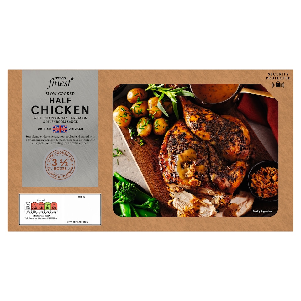 Tesco Finest Slow cooked British 1/2 Chicken basted with Chicken stock with a Chardonney, Tarragon & Mushroom sauce 948g