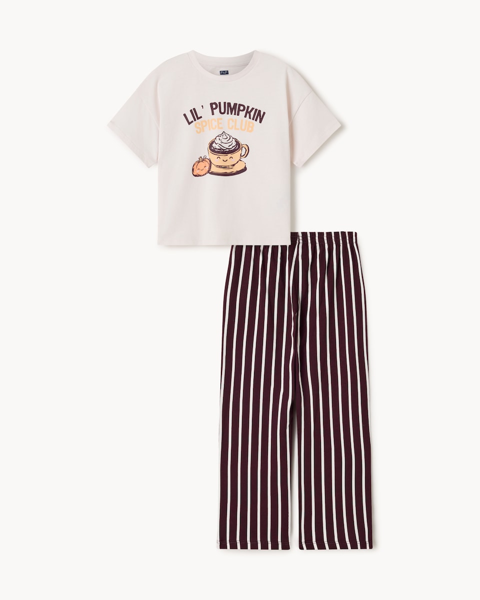 image 1 of F&F Girls Pure Cotton Pumpkin Spice Pyjama Set in Multi