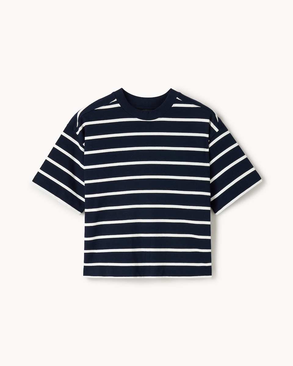 image 1 of F&F Pure Cotton Striped Boxy T-Shirt in Navy
