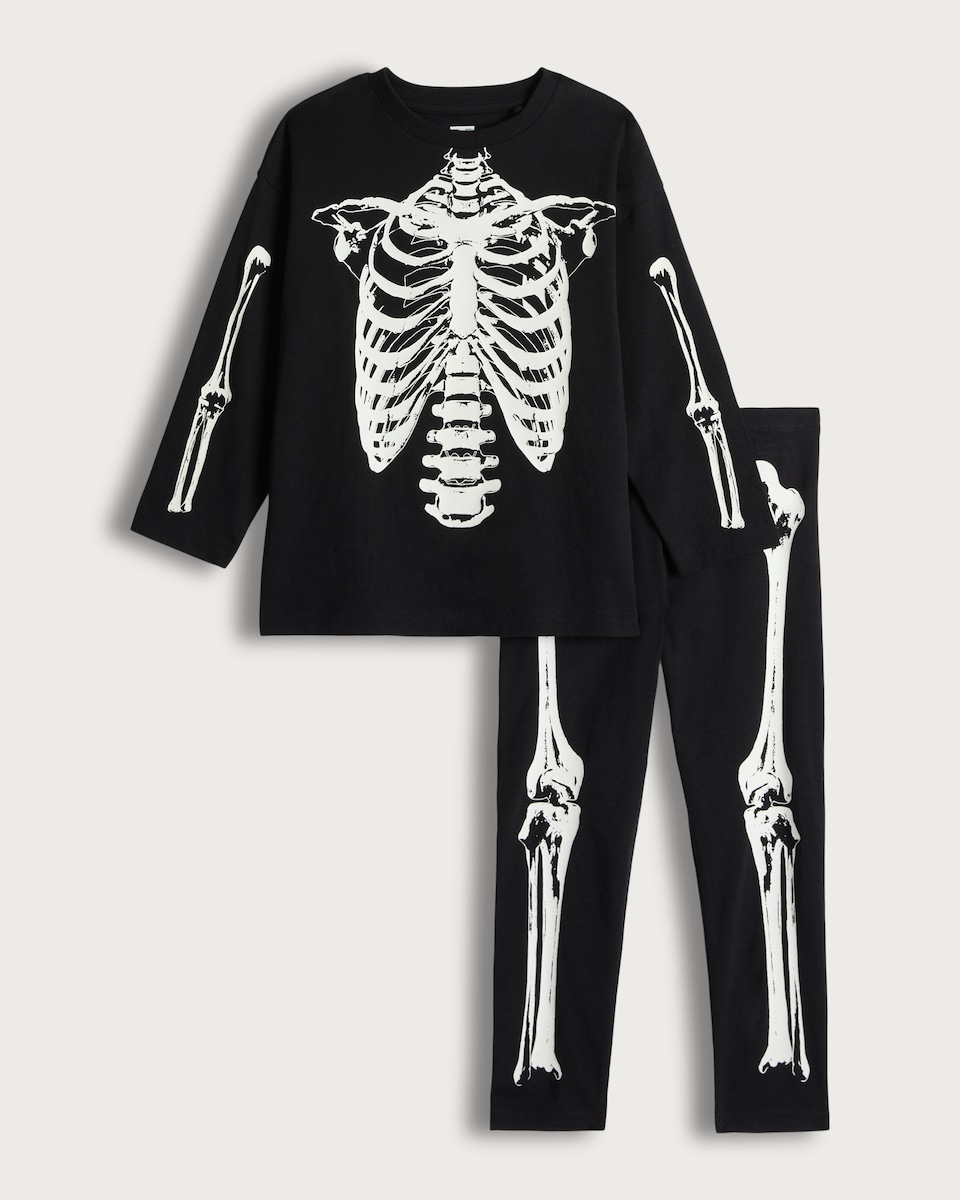 image 1 of F&F Boys Halloween Skeleton Print Top and Leggings Set in Black