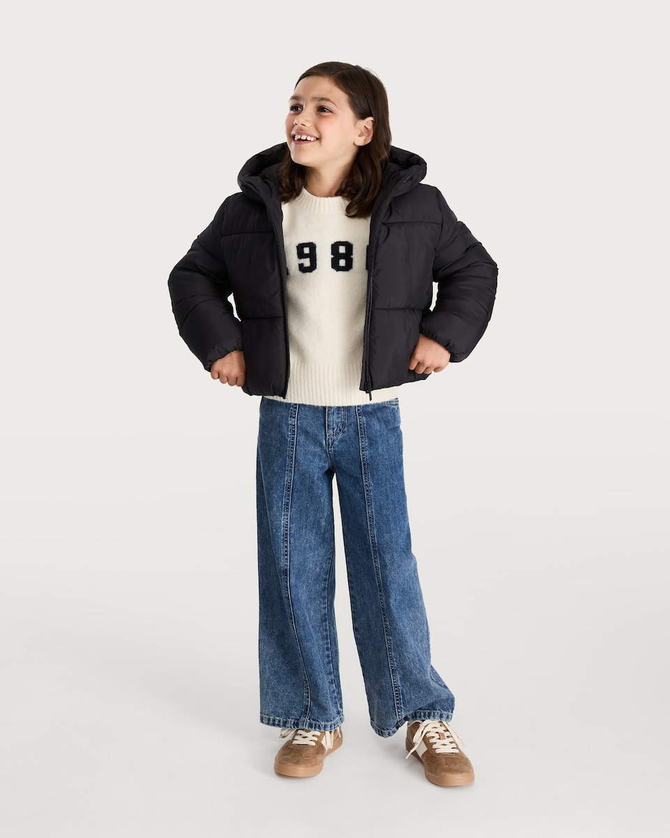 image 1 of F&F Girls Cropped Hooded Shower Resistant Puffer Jacket in Black