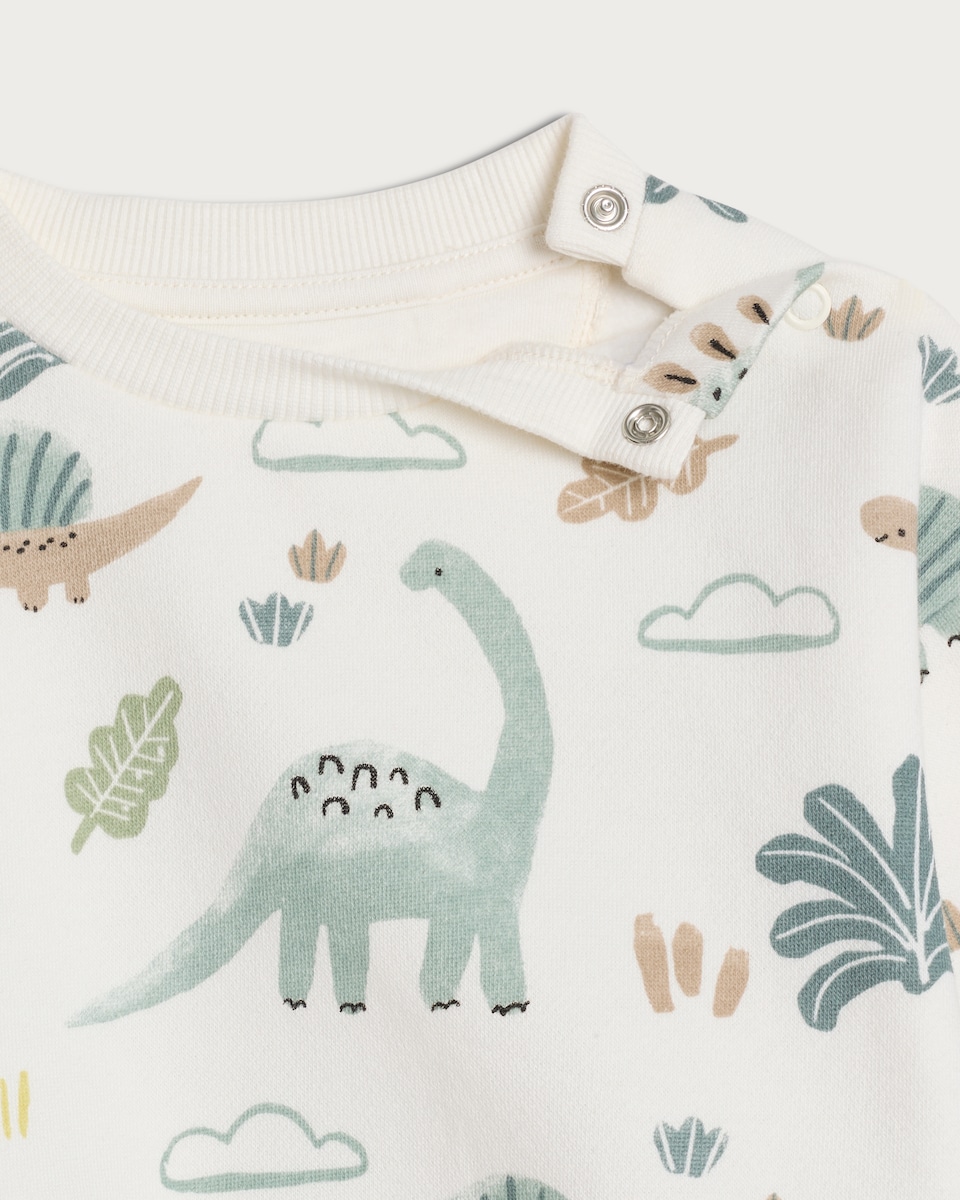 image 1 of F&F Baby 2 Piece Cotton Rich Dinosaur Print Jumper and Joggers Set in White