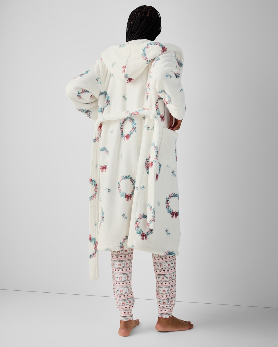 image 1 of Christmas Fleece Wreath Hooded Dressing Gown in Cream