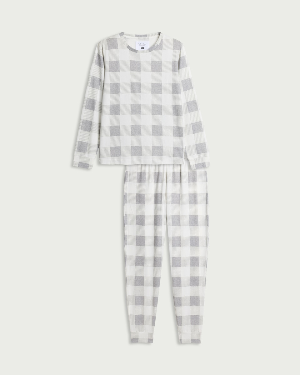 image 1 of F&F Textured Checked Pyjama Set in Multi Grey
