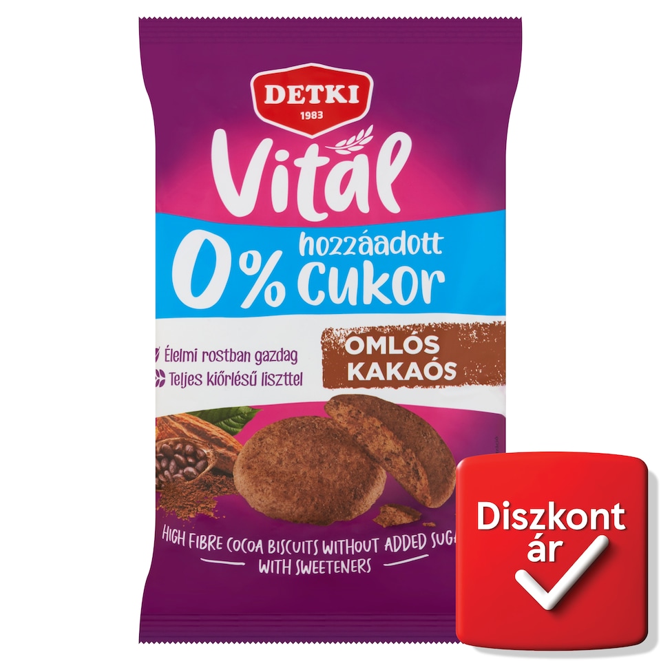 Detki Vital omlós kakaós keksz hozzáadott cukor nélkül, édesítőszerekkel 180 g  1. kép