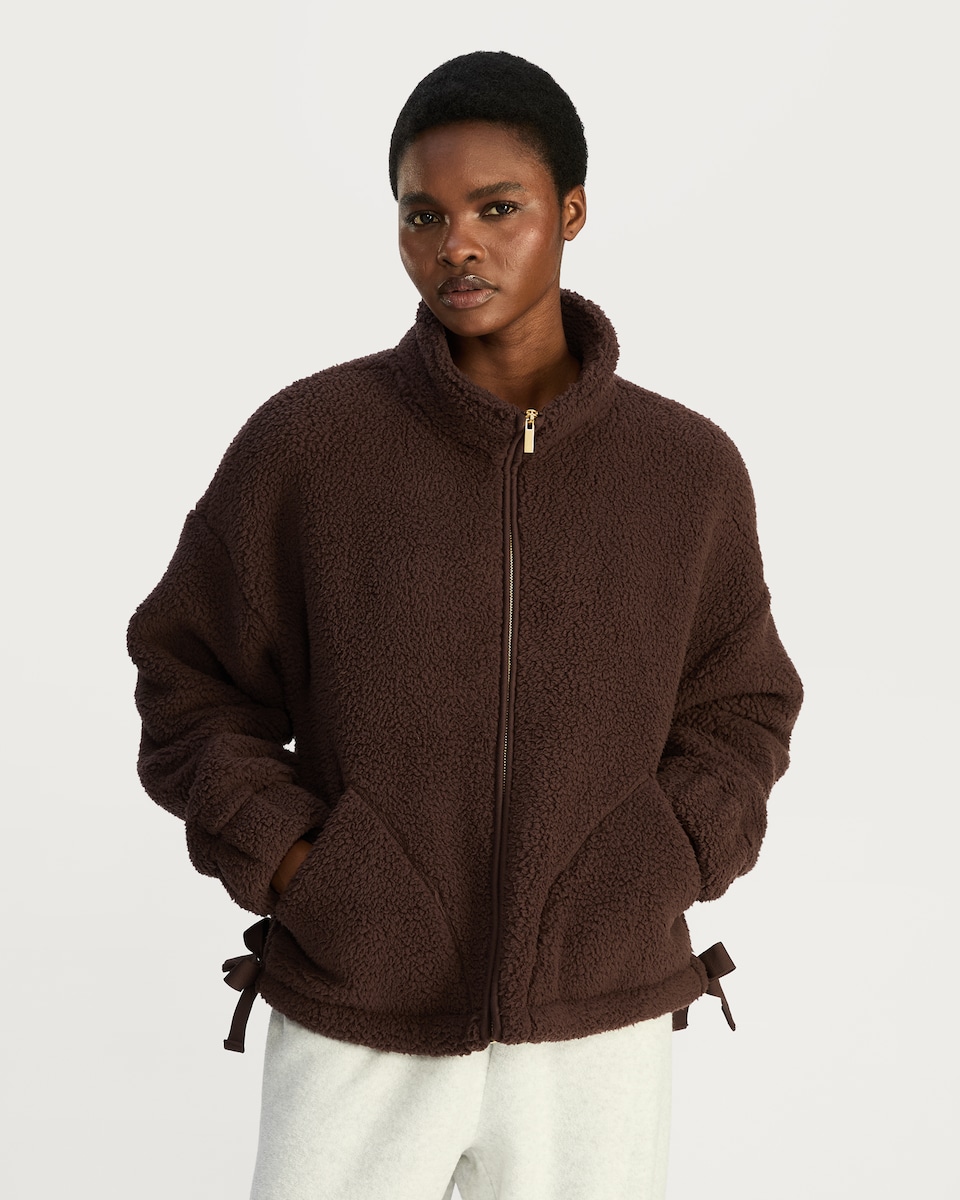 image 1 of F&F Textured Fleece Zip Up Pyjama Top in Brown