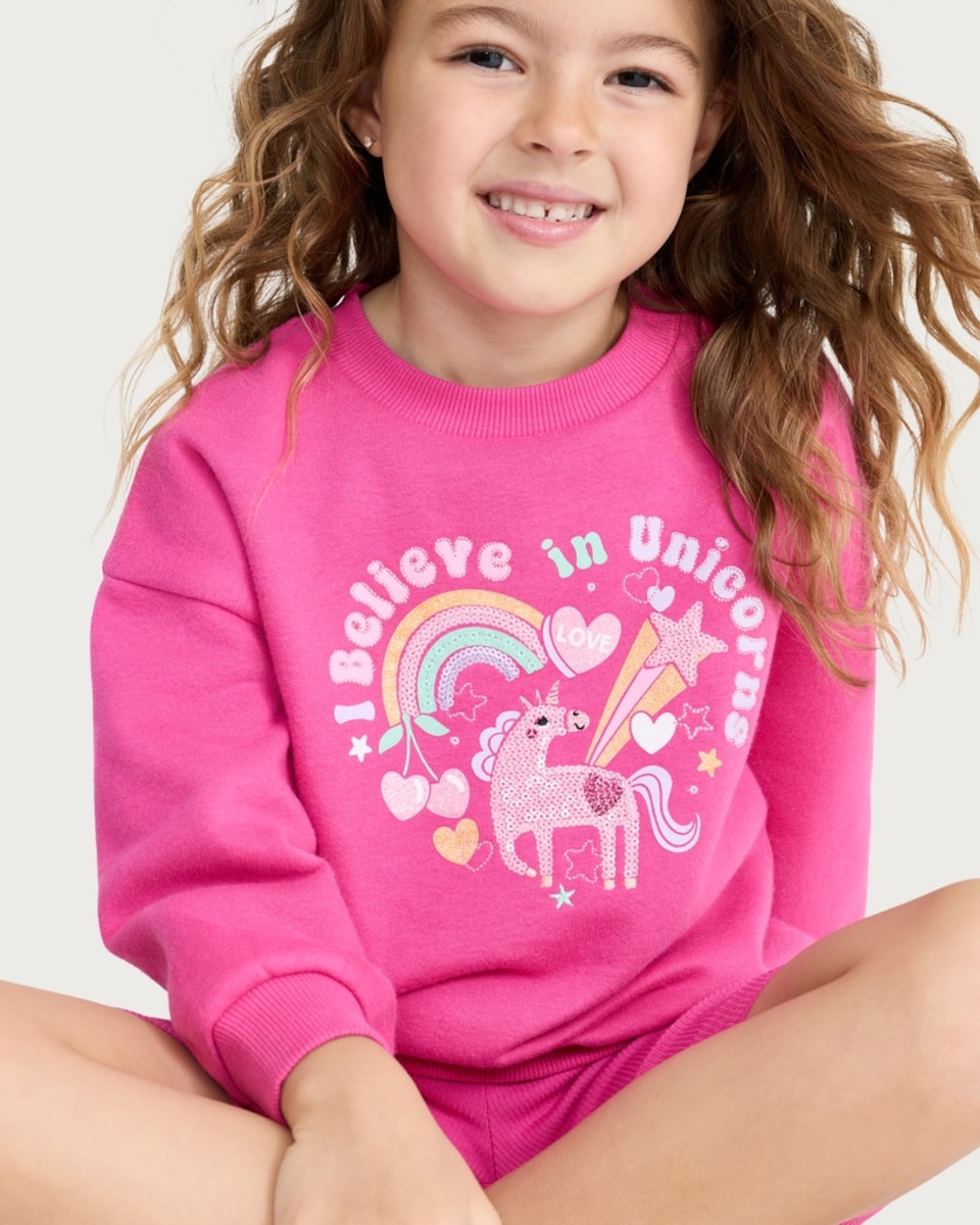 image 1 of F&F Girls 2-Piece Cotton Rich Unicorn Print Sweatshirt and Cycling Shorts Set in Pink