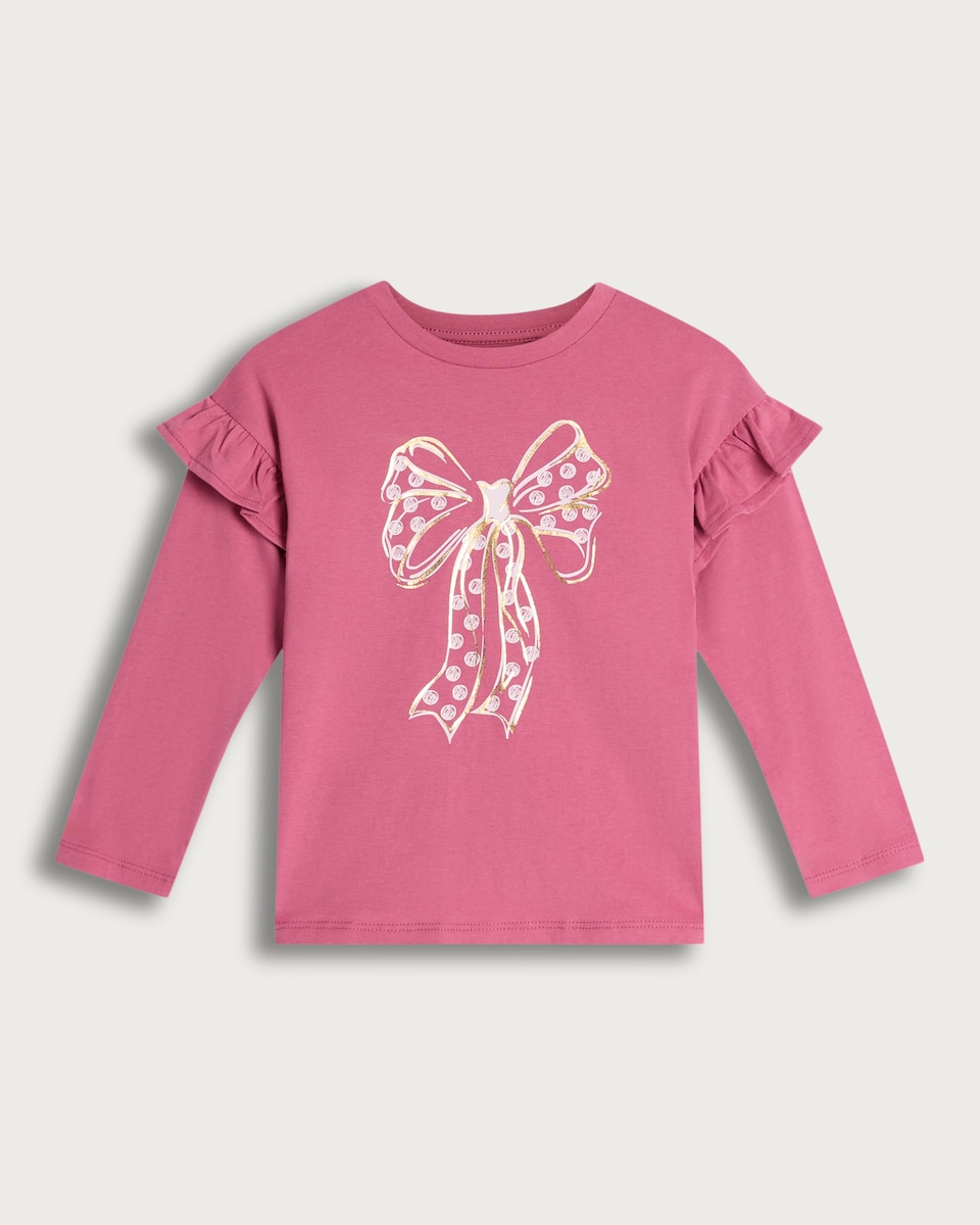F&F Girls Pure Cotton Bow Print Long Sleeved Top in Burgundy