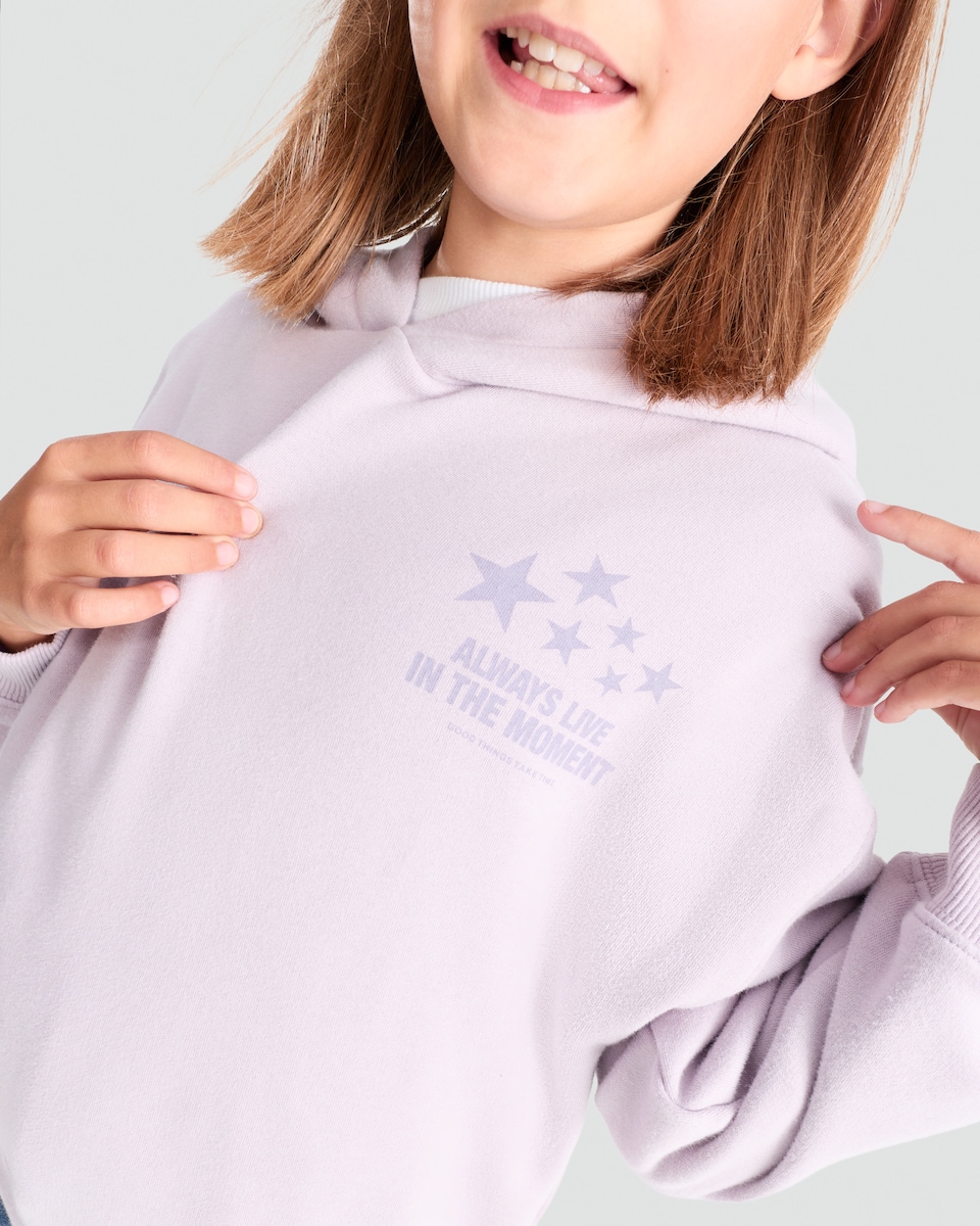 image 1 of F&F Girls Cotton Rich Always Live in the Moment Slogan Hoodie in Lilac