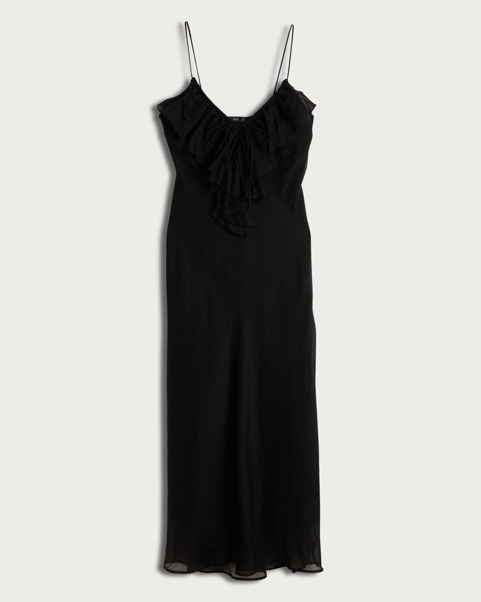 image 1 of F&F V Neck Ruffle Front Strappy Midi Dress in Black