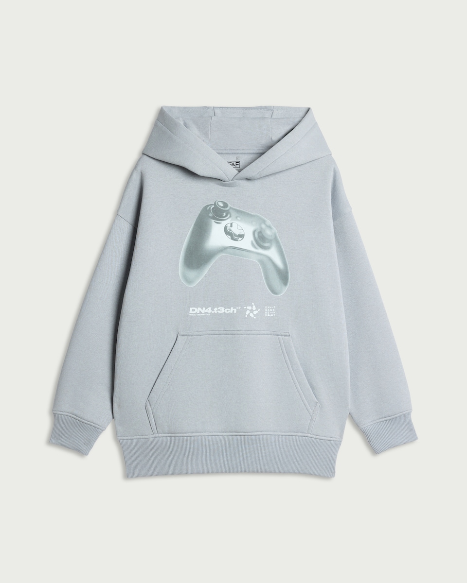 image 1 of F&F Boys Cotton Rich Gaming Print Hoodie in Grey