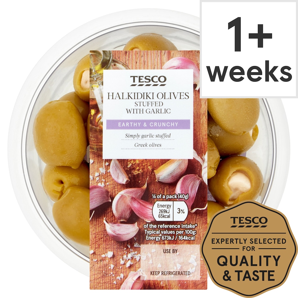 Tesco Halkidiki Olives Stuffed With Garlic 160G Tesco Groceries
