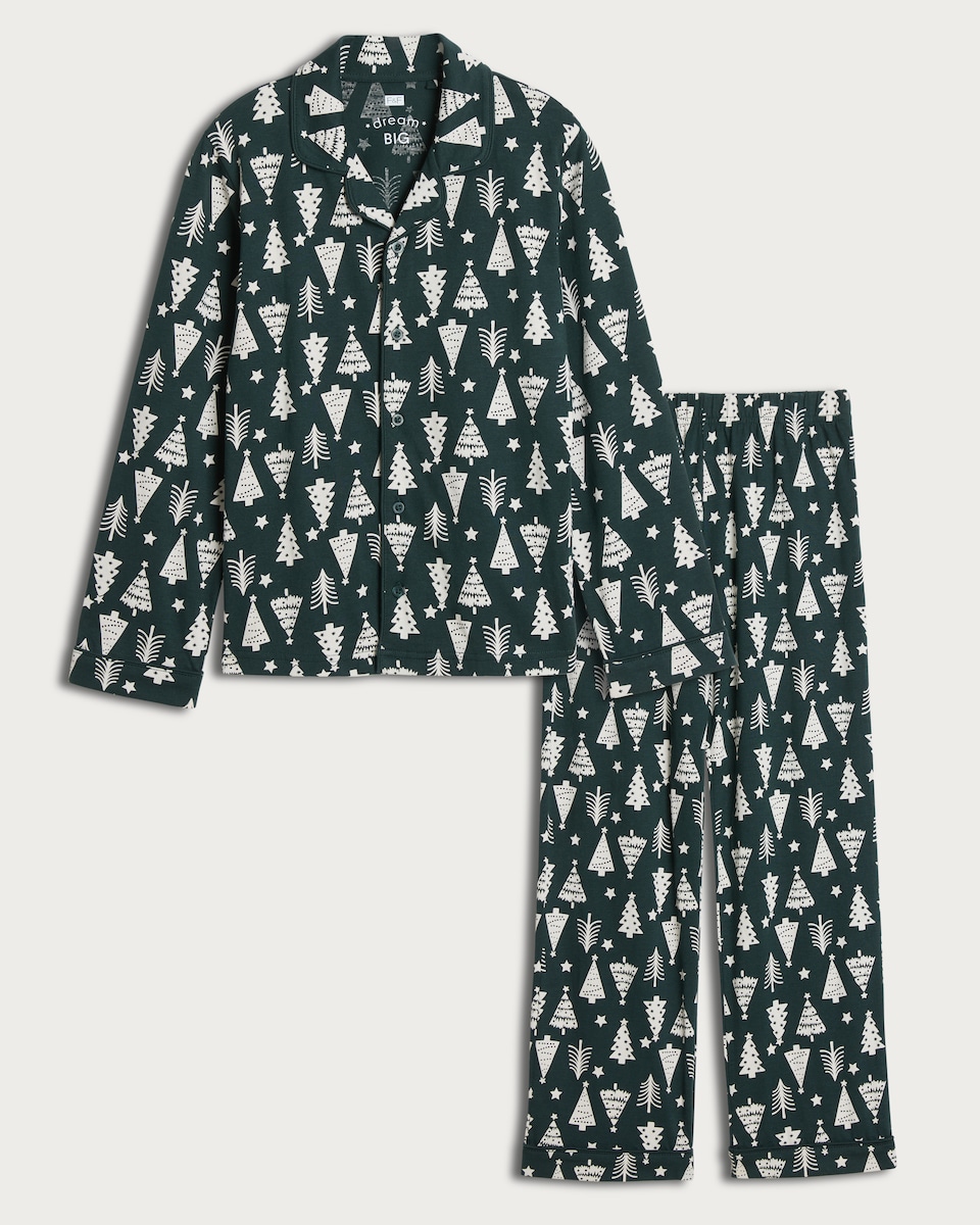image 1 of F&F Unisex Christmas Tree Print Matching Family Christmas Button Through Pyjamas in Multi