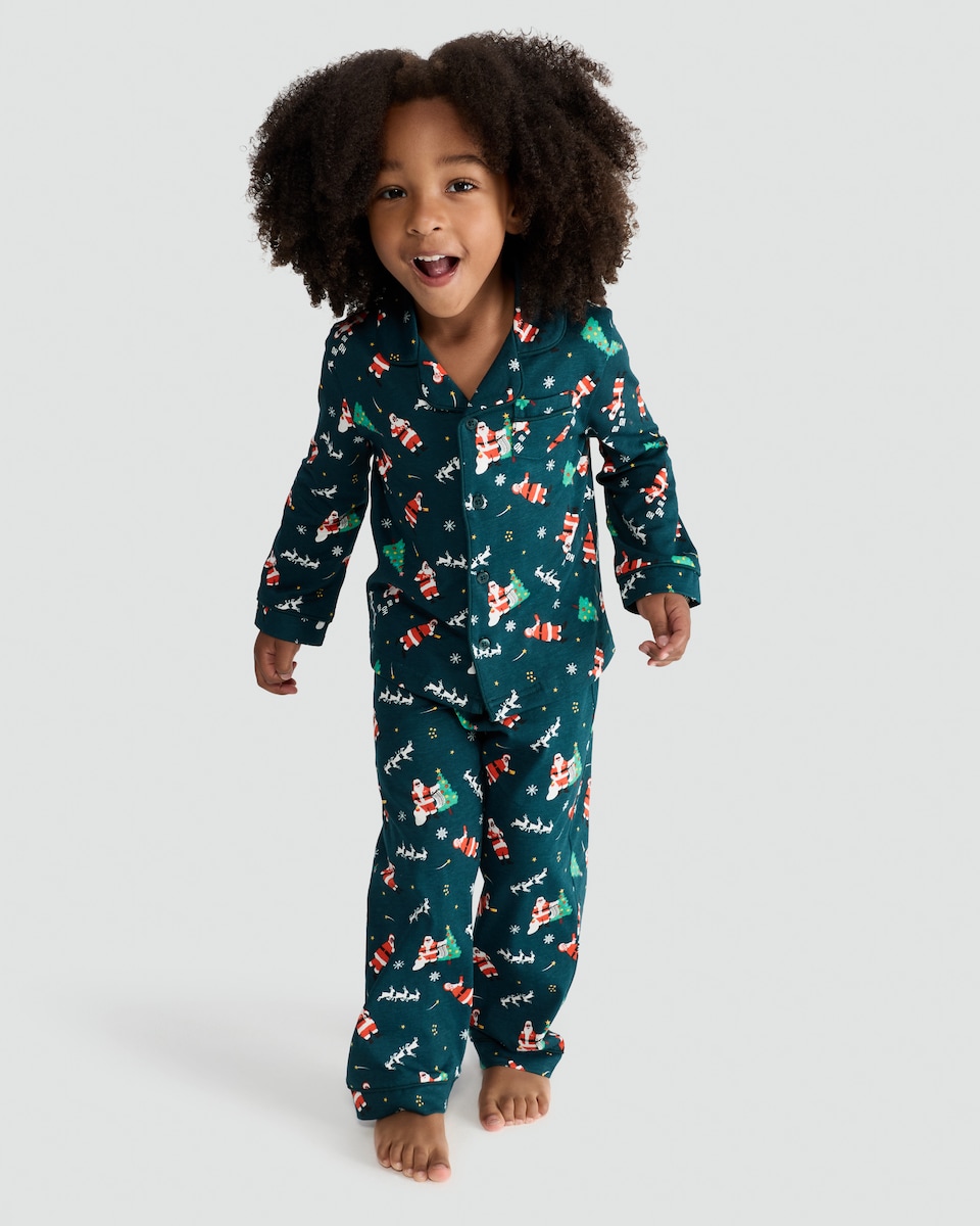 image 1 of F&F Boys Pure Cotton Santa Print Shirt and Trousers Pyjamas in Green