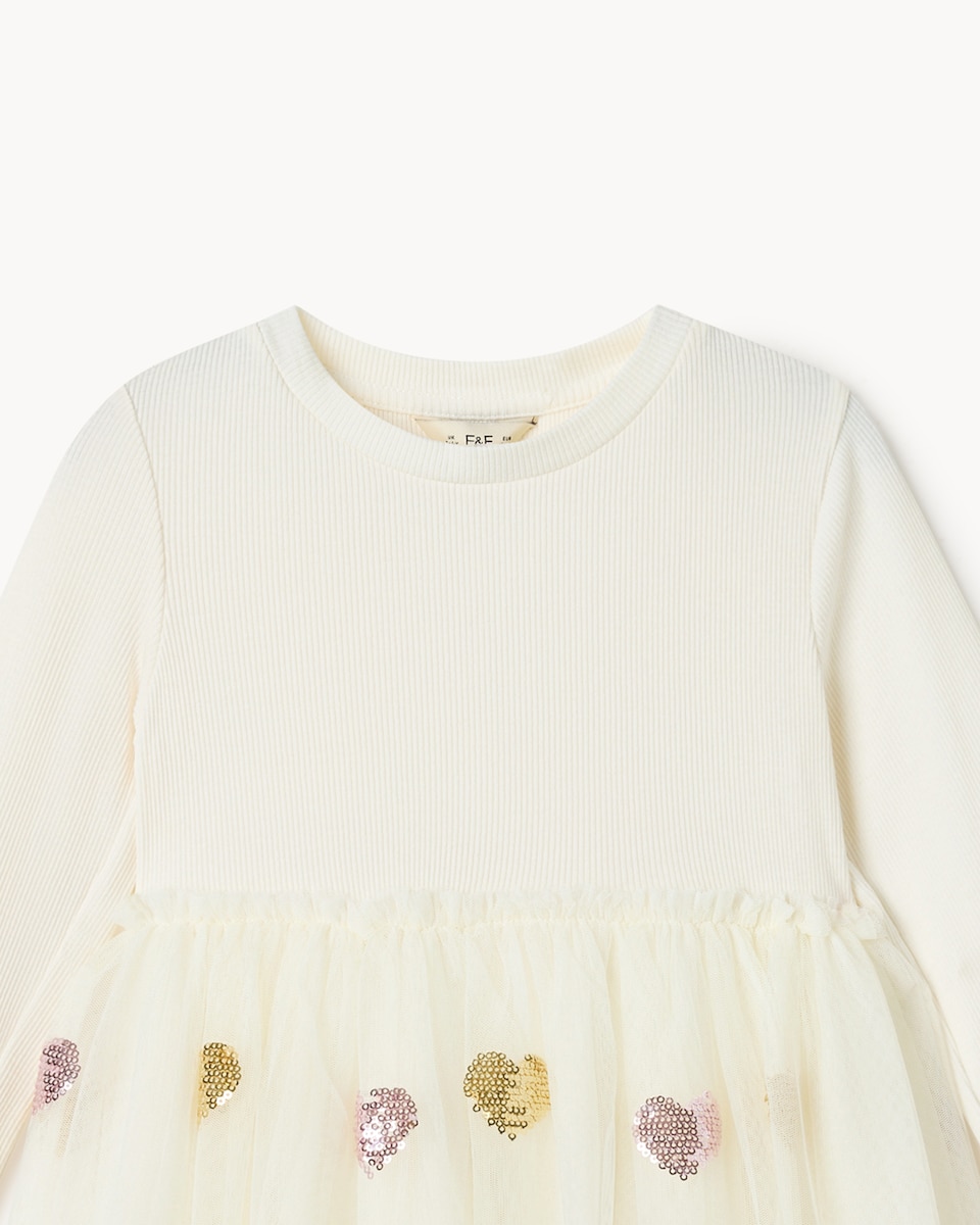 image 1 of F&F Girls Heart Sequin Embellished Dress in Cream
