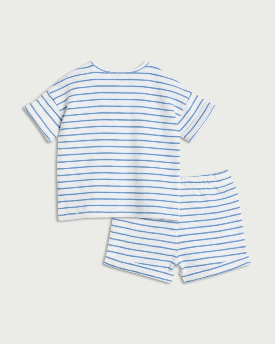 image 1 of F&F Baby 2-Piece Pure Cotton Textured Striped Top and Shorts Set in Blue
