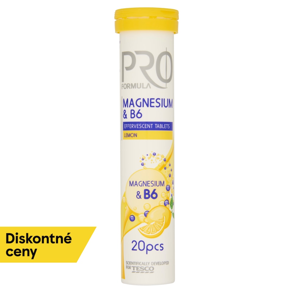 Tesco Pro Formula Šumivé tablety s magnéziom a vitamínom B6 s príchuťou citróna 20 tabliet 80 g