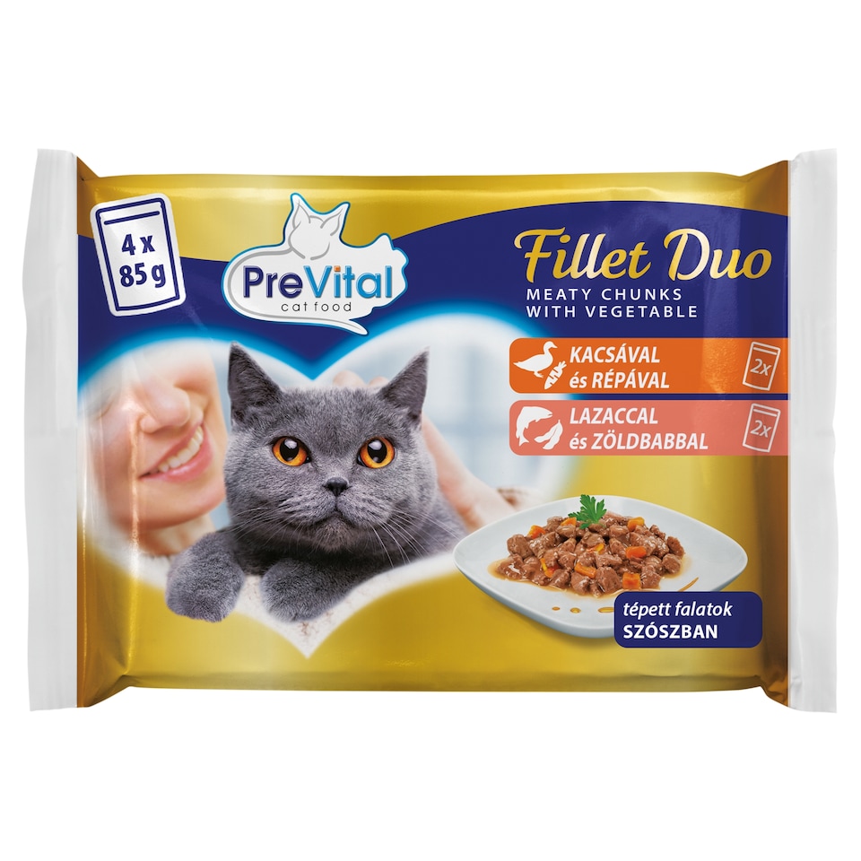 PreVital Fillet Duo nedves macskaeledel, macskatáp felnőtt macskáknak alutasakos 4 x 85 g  1. kép