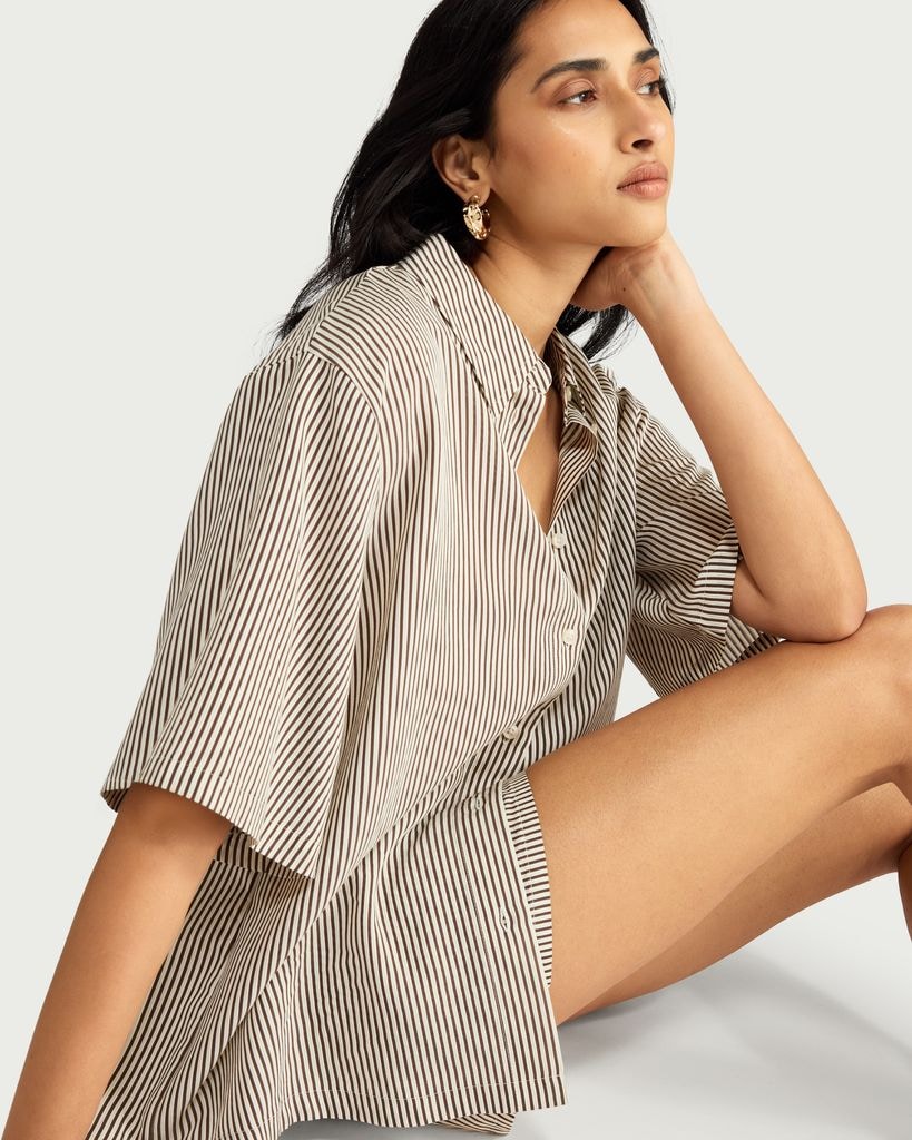 F&F Striped Short Sleeved Oversized Fit Co-ord Shirt in Multi Brown