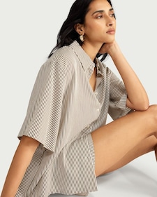 F&F Striped Short Sleeved Oversized Fit Co-ord Shirt in Multi Brown