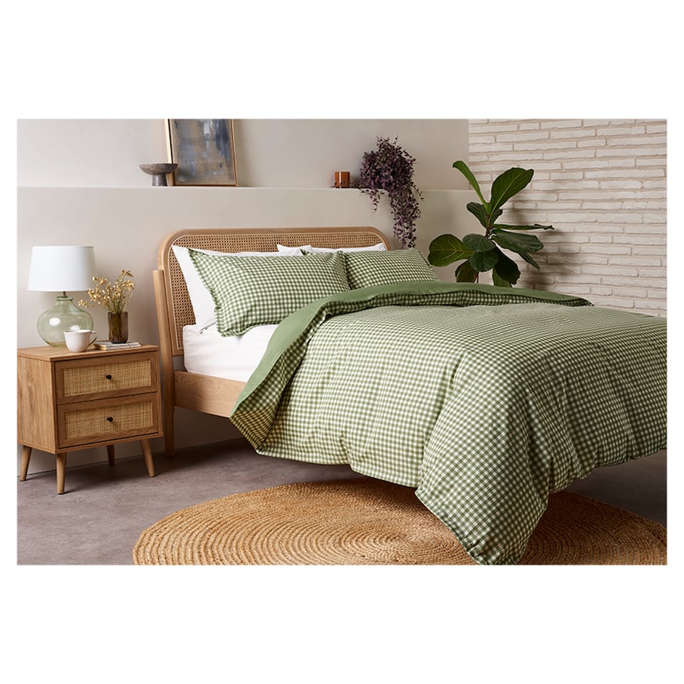 F&F Home Washed Cotton Green Gingham Duvet Set Double