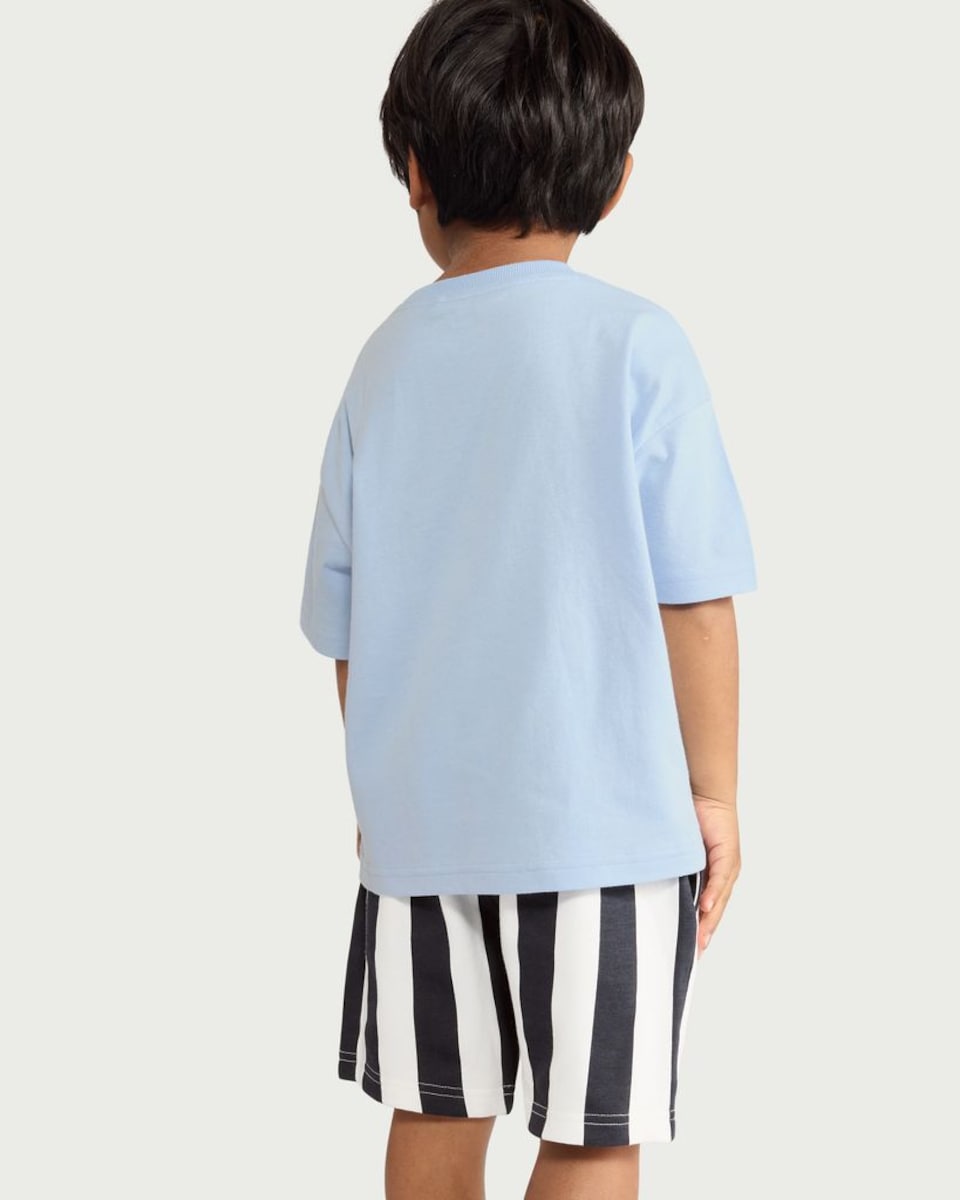 image 1 of F&F Boys Pure Cotton T-Shirt and Striped Shorts Set in Blue