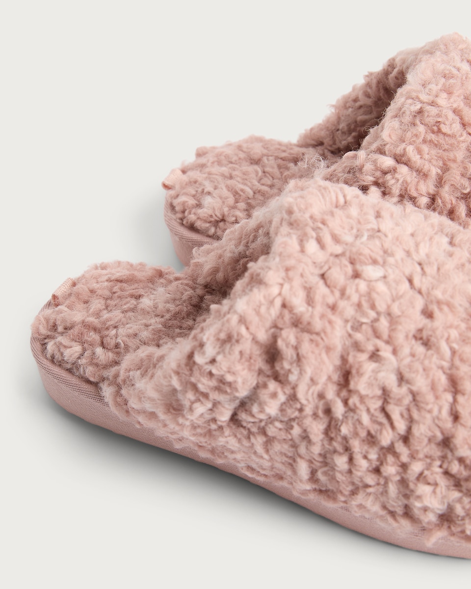 image 1 of F&F Borg Textured Hard Sole Backless Slippers in Pink