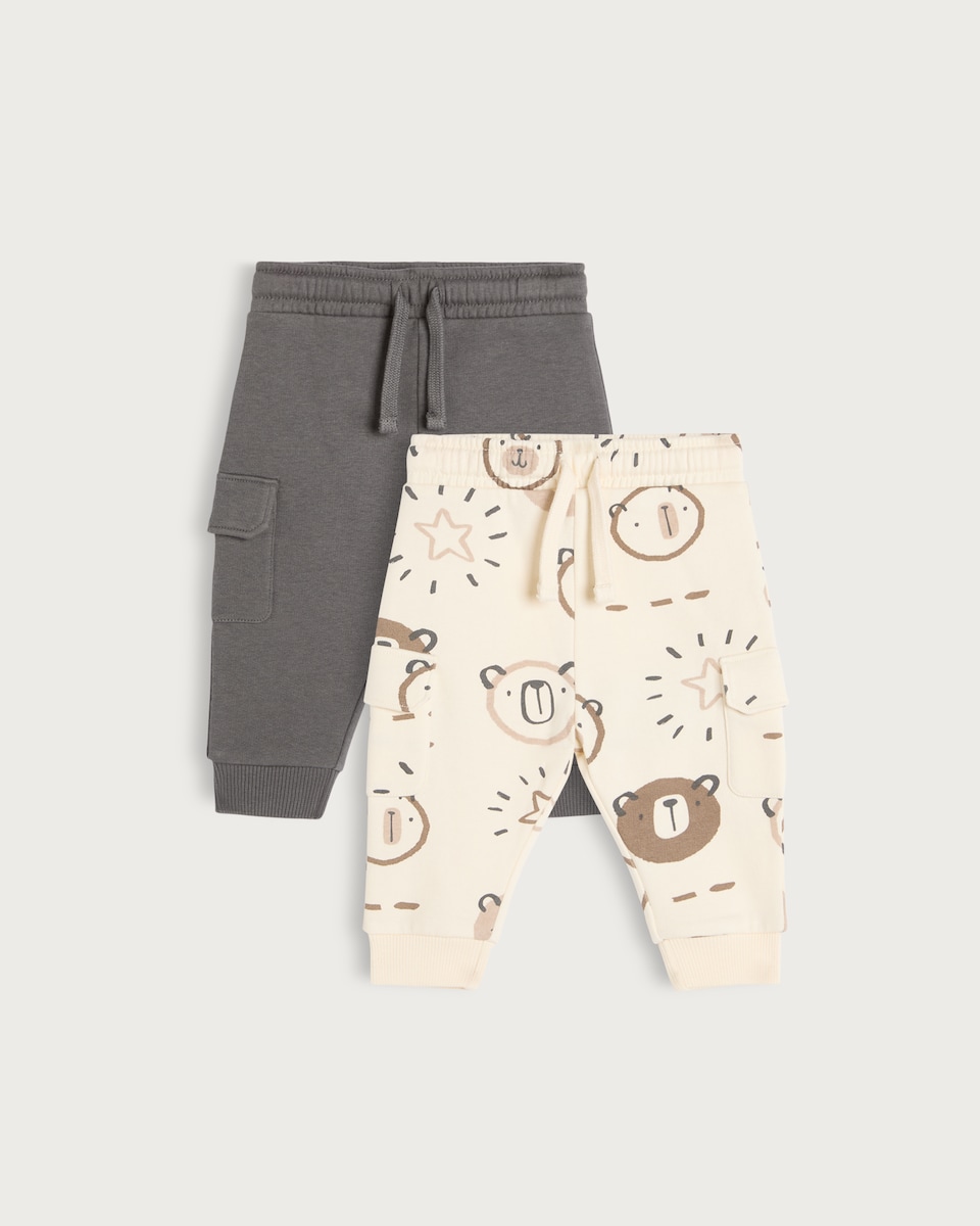 image 1 of F&F Baby 2-Pack Cotton Rich Bear Print Drawstring Cargo Joggers in Grey