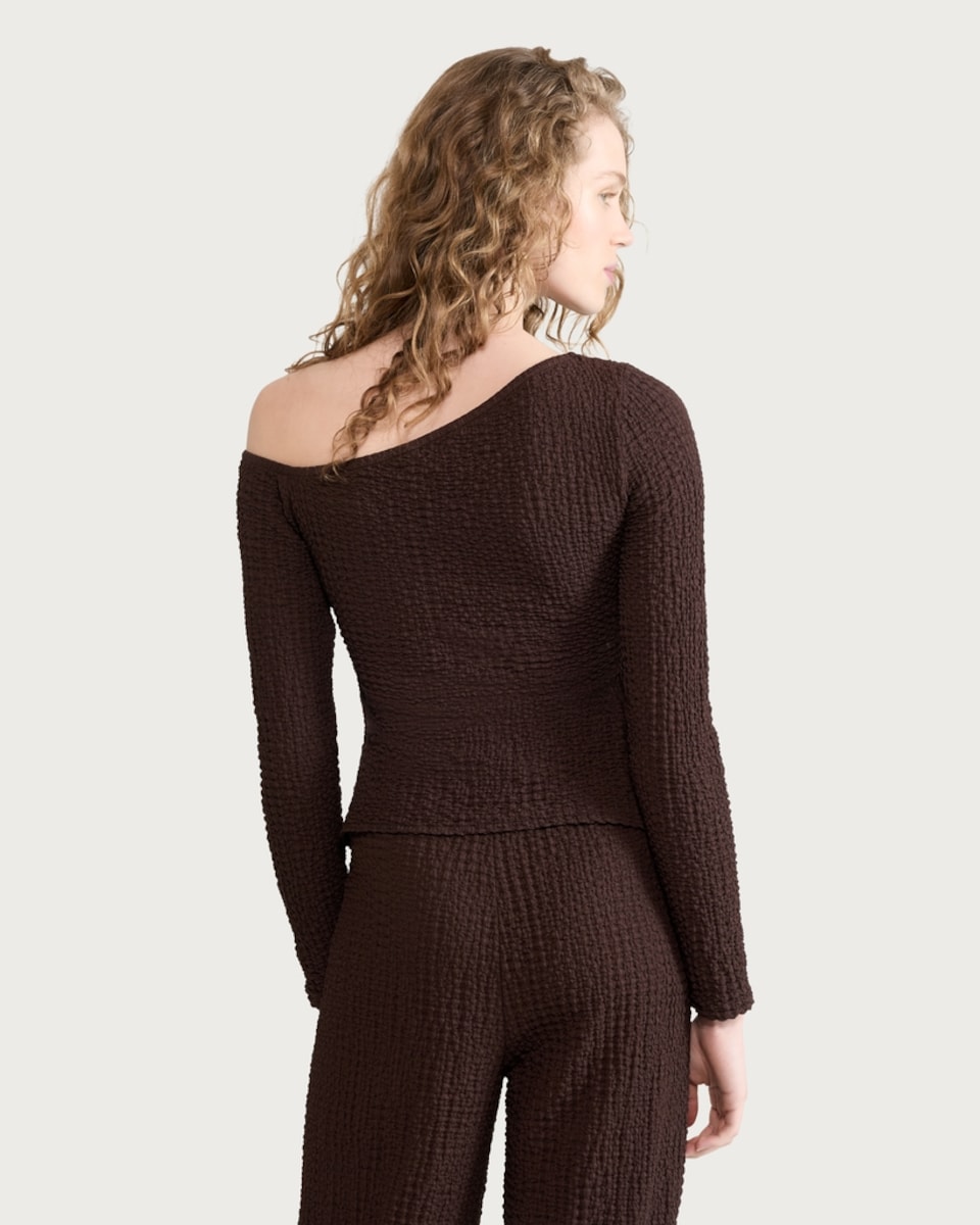 image 1 of F&F Textured Gold Buckle Asymmetric Hem Top in Chocolate