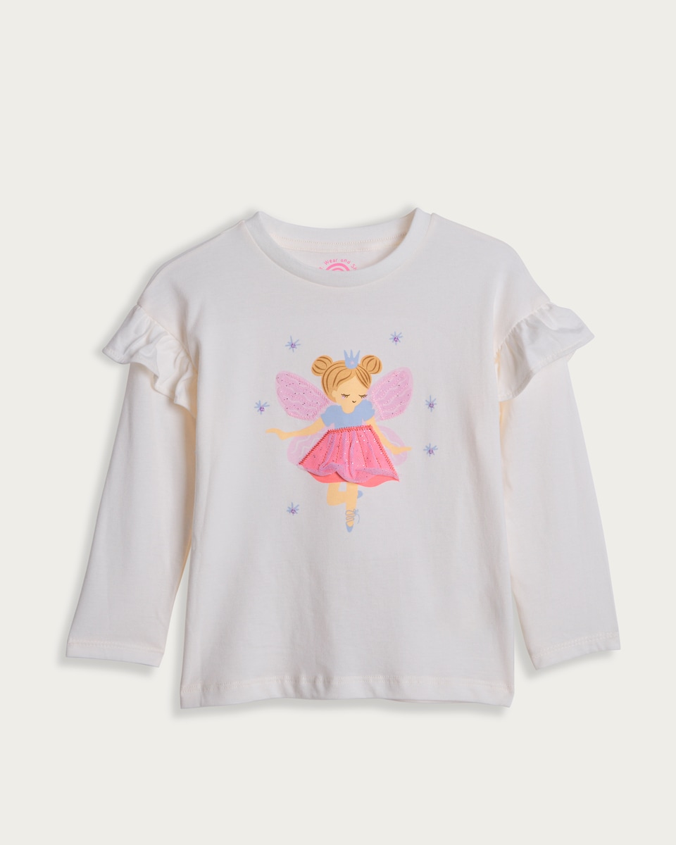 F&F Girls Pure Cotton Fairy Print Long Sleeved Top in Multi